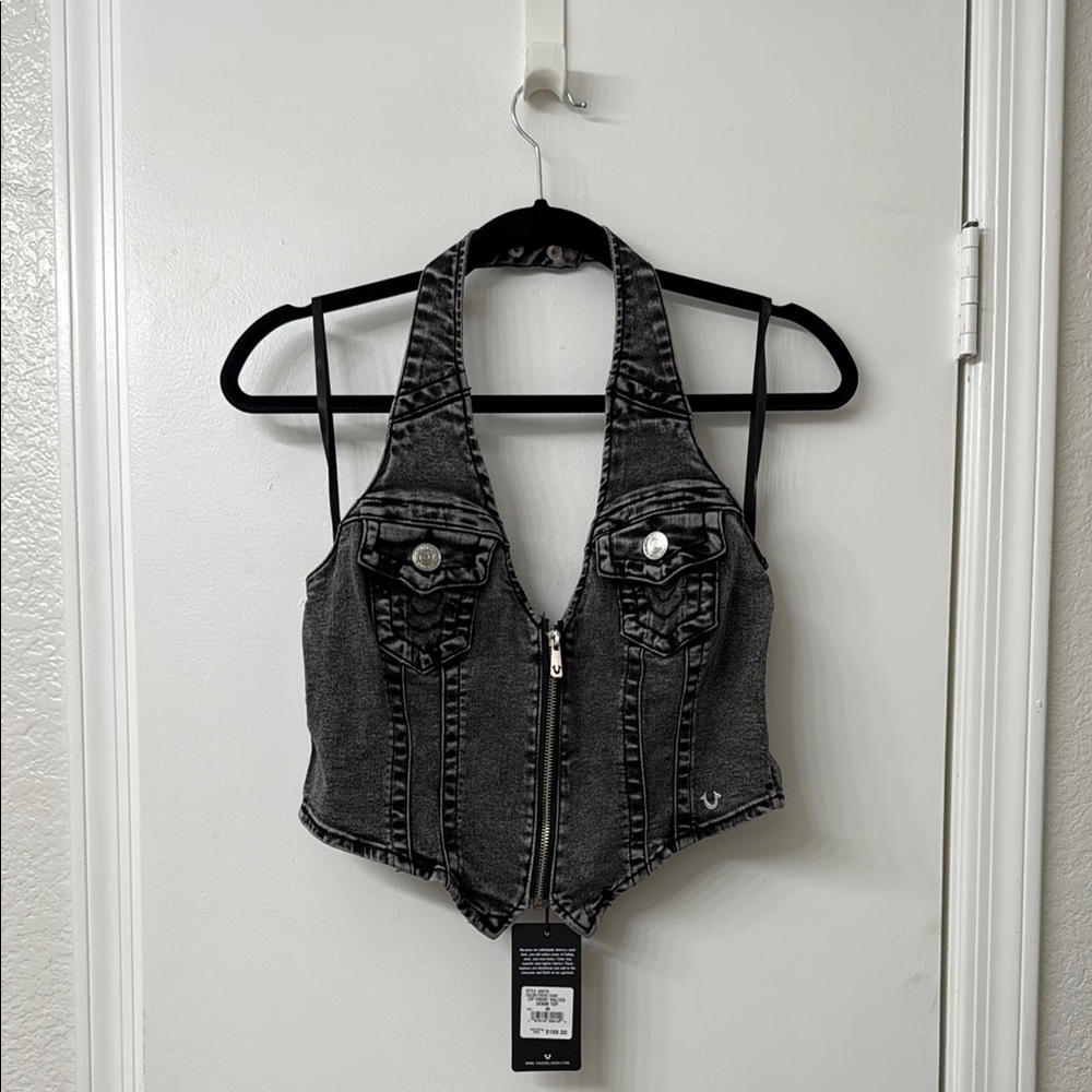 True Religion Black Denim Halter Vest